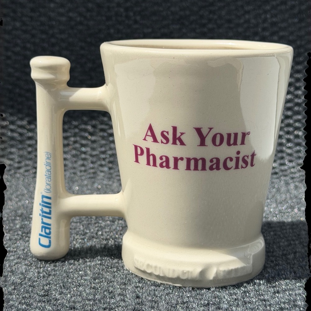 Vintage Claritin Pharmacy Most Trusted Profession Coffee Mug Pestle Handle USA